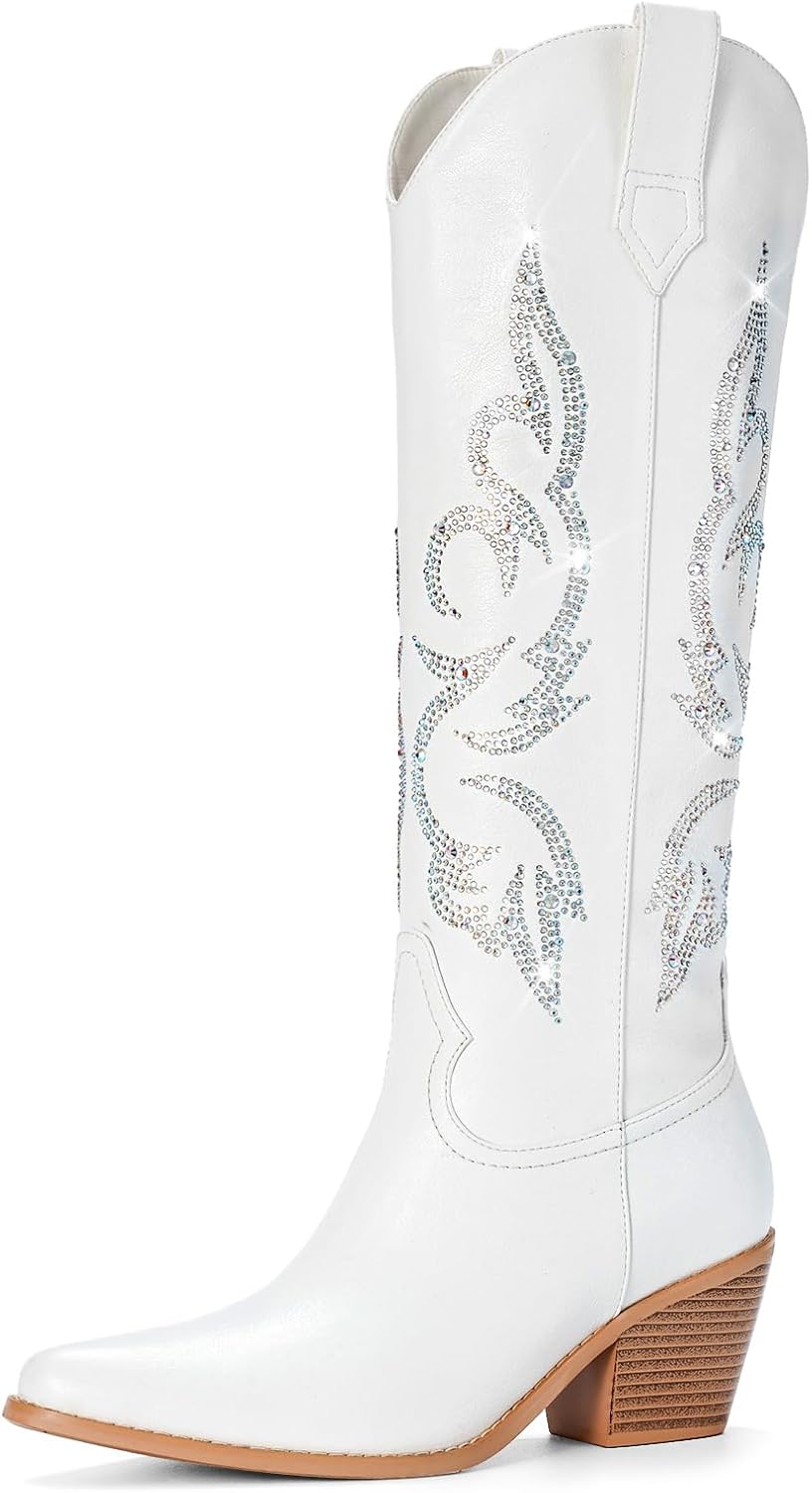 White Cowboy Boots for Women - Wide Calf Rhinestone Cowgirl Boots, Women Knee Hi...