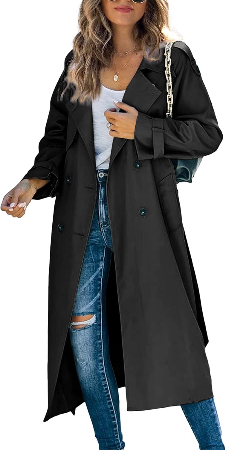 Makkrom Women's Double Breasted Long Trench Coat Windproof Classic Lapel Slim Ov...