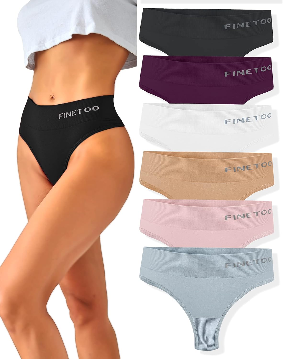 FINETOO 6-Pack String Thongs Ladies Tummy Control Thongs Set Breathable Thong Wo...