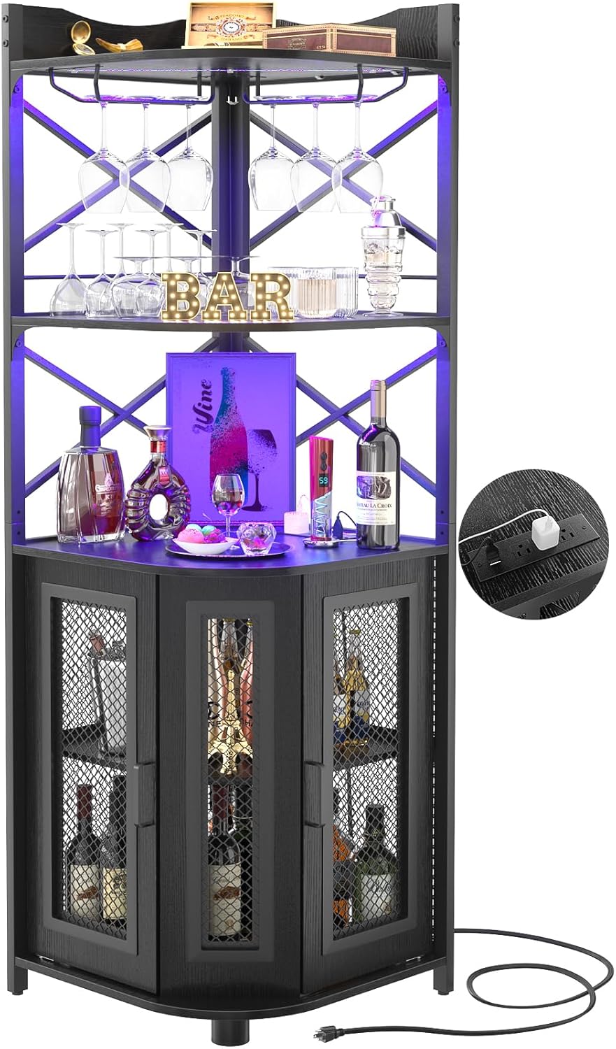 Aheaplus Corner Bar Cabinet with Power Outlet, Industrial Wine Cabinet with LED...