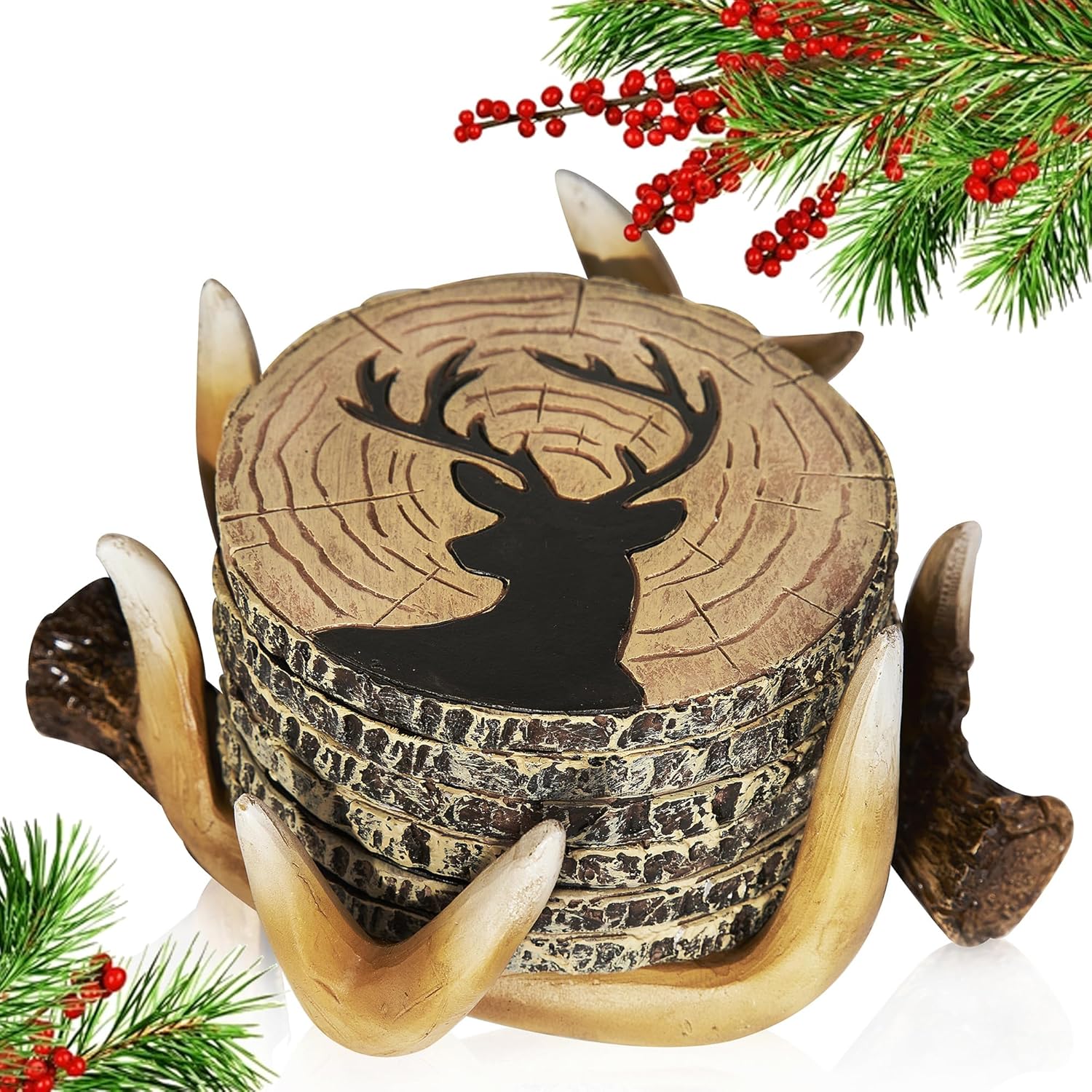 Deer Antler Coasters - 6 Full Size Rustic Coasters for Log Cabin Decor - Hunting...