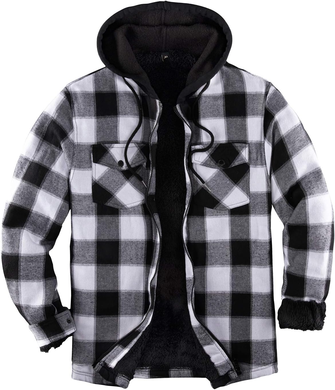 ZENTHACE Men's Sherpa Lined Full Zip Hooded Plaid Shirt Jacket X-Large Black/Gre...