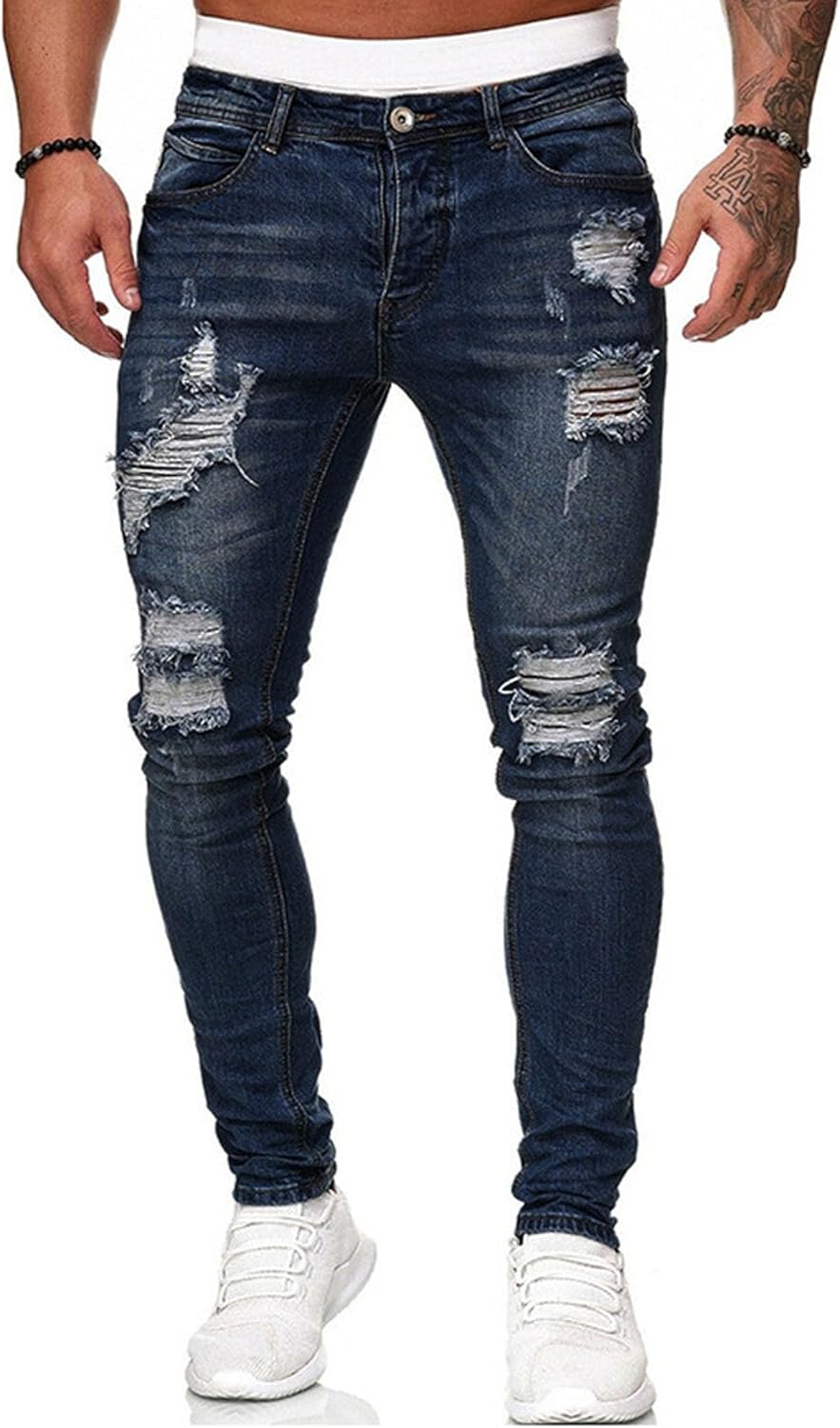 HUNGSON Men's Blue Slim Fit Jeans Stretch Destroyed Ripped Skinny Jeans Side Str...