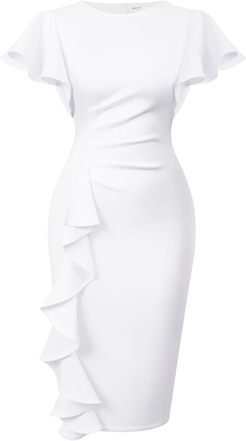 Memoriesea Women's Vintage Church Ruffle Sleeve Ruched Bodycon Work Midi Pencil...