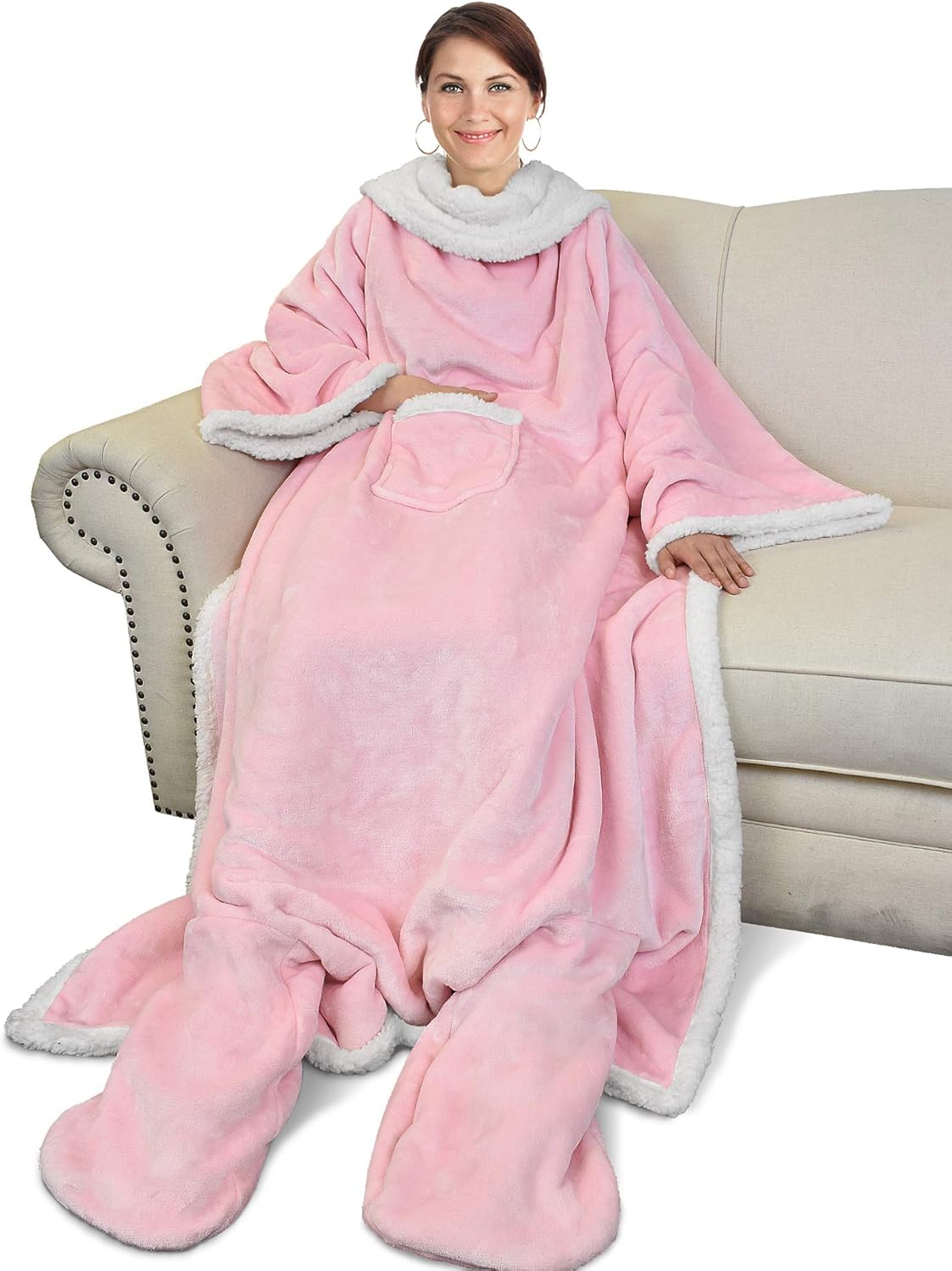 Catalonia Sherpa Wearable Blanket with Sleeves & Foot Pockets for Adult Women Me...