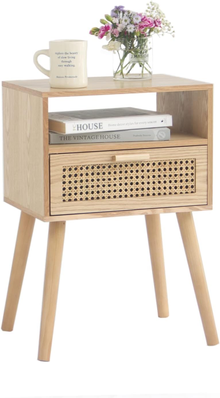 MaxSmeo Modern Nightstand Rattan Side End Table with Storage, for Living Room, B...