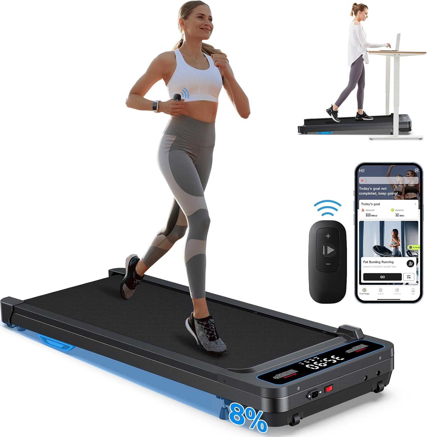 Incline Under Desk Walking Pad: Voice Controlled Smart Standing Treadmill Works...