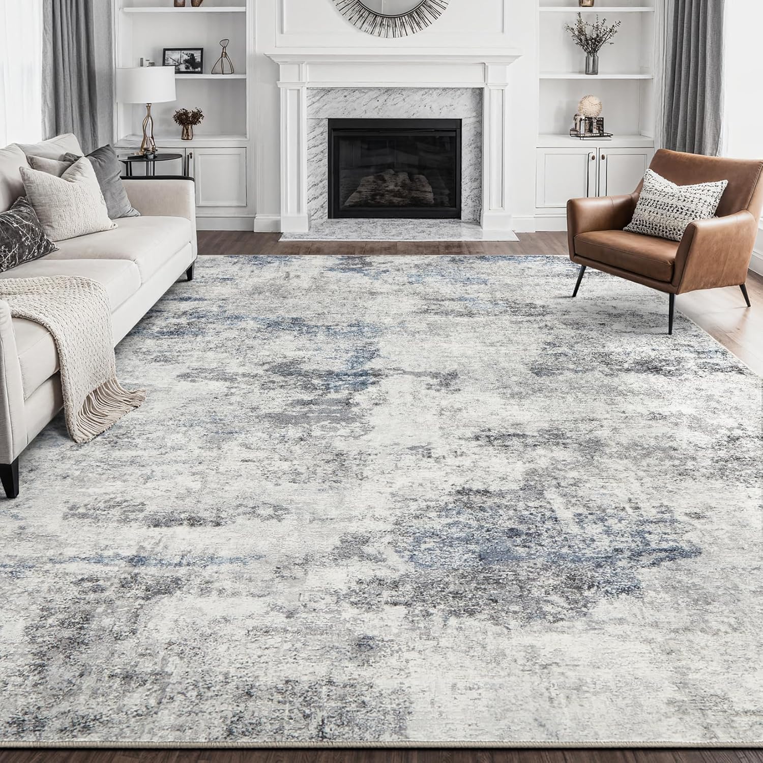 Living Room Area Rugs - 9x12 Abstract Large Soft Indoor Washable Rug Neutral Mod...