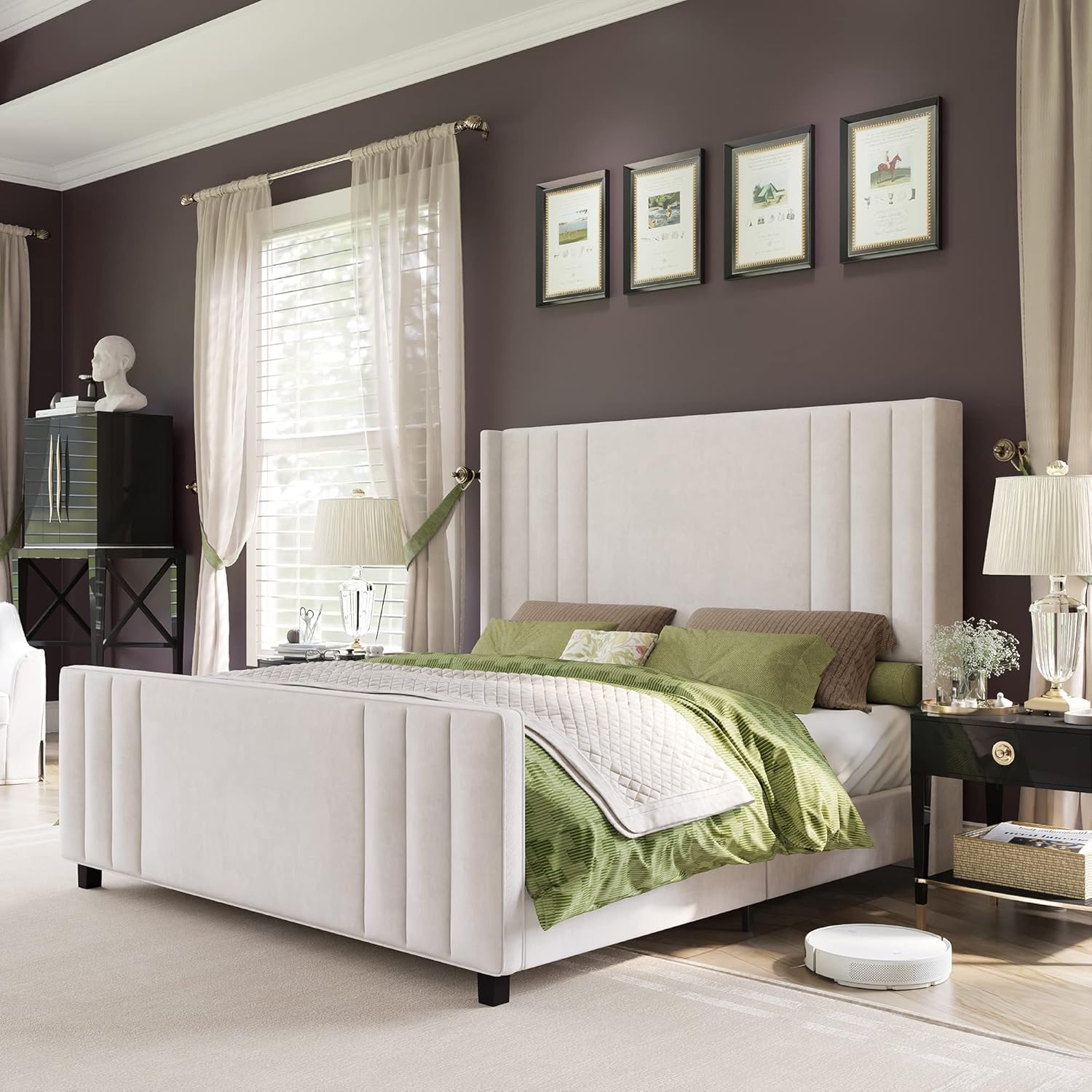AMERLIFE King Size Bed Frame, Velvet Upholstered Platform Bed with Vertical Chan...