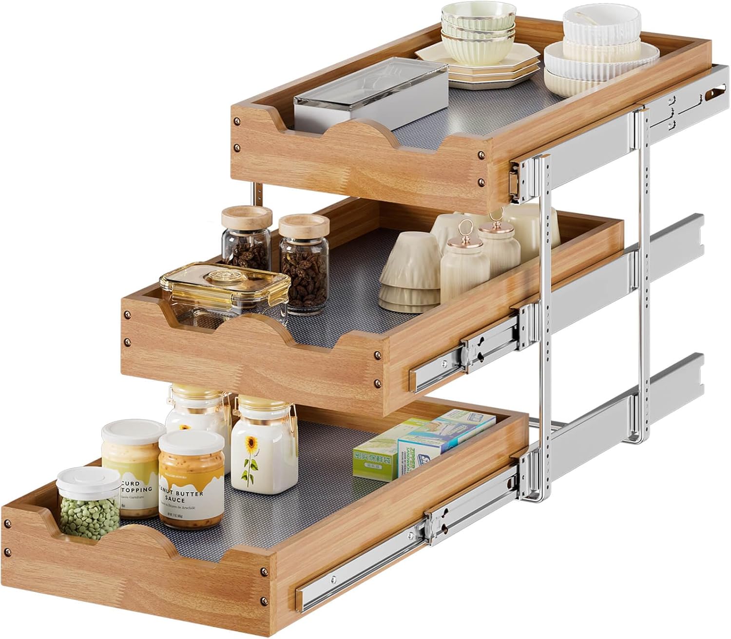 OCG Pull Out Cabinet Drawer 14" W x 21" D, 3 Tier Pull Out Cabinet Organizer, He...