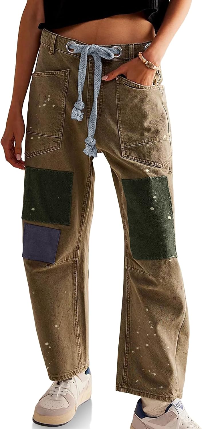 PLNOTME Womens Baggy Barrel Horseshoe Jeans Wide Leg Patchwork Low Rise Denim Pa...