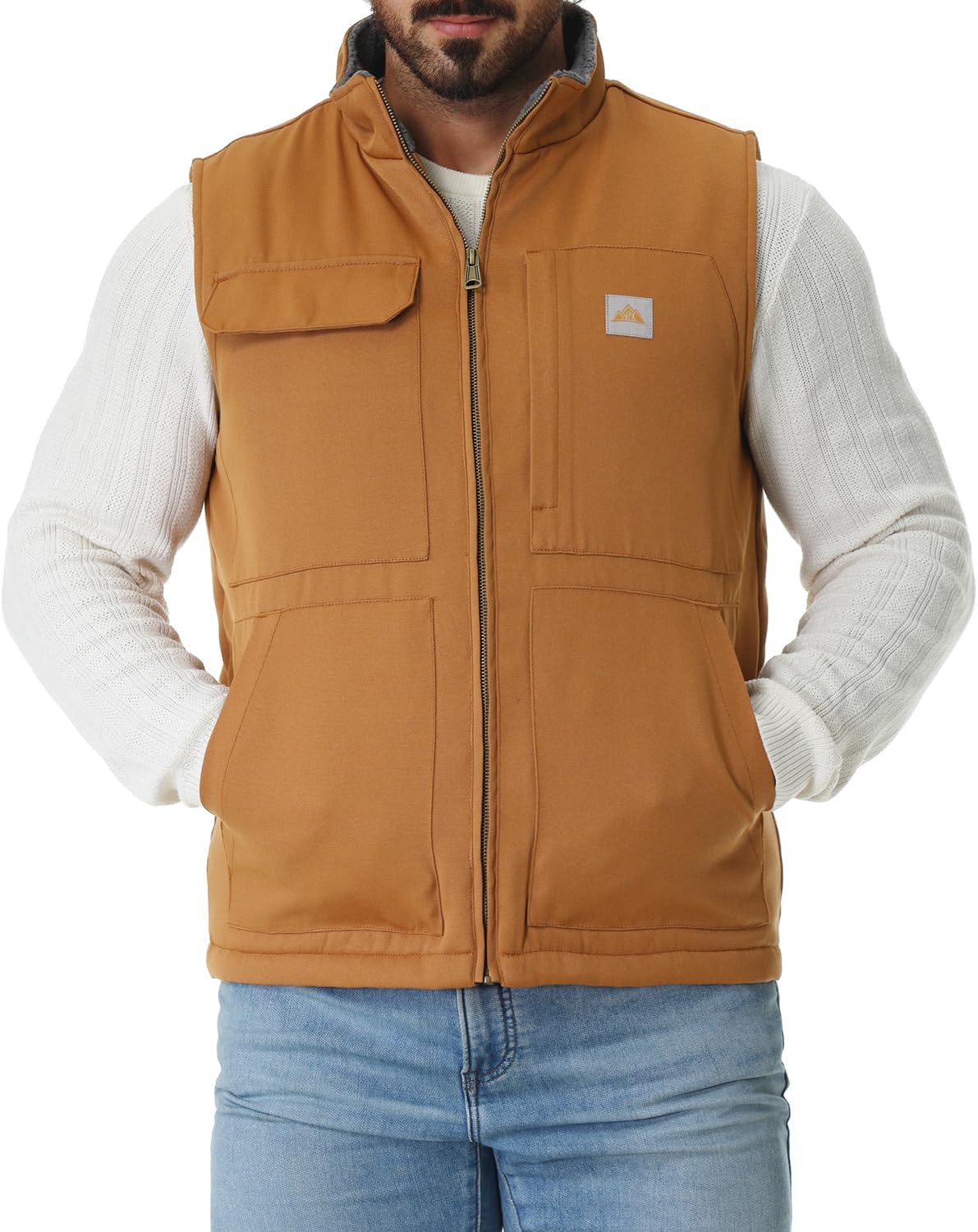 Men's Loose Fit Washed Duck Fleece-Lined Waterproof Workwear Mock-Neck Vest Larg...