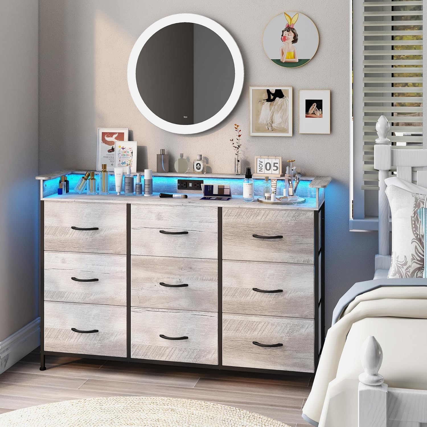 EXOTICA Dresser with Charge Station 9 Drawers Dresser for Bedroom with LED Light...