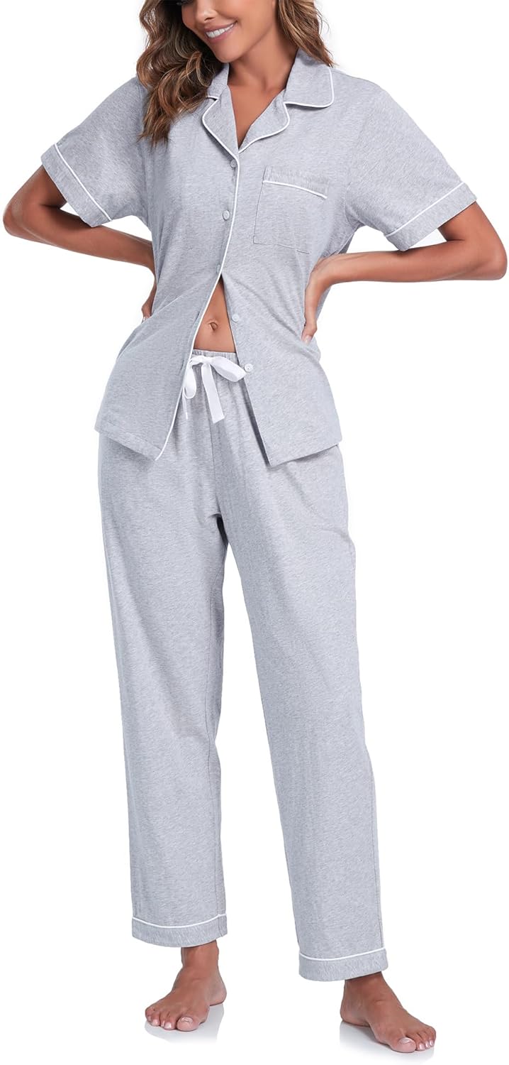 COLORFULLEAF Women's 100% Cotton Pajama Set Button Down Short Sleeve Shirt and L...