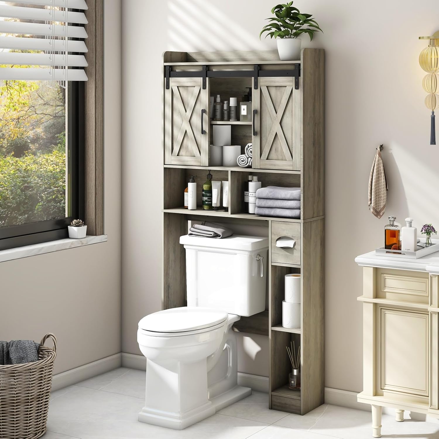 Over The Toilet Storage Cabinet, Farmhouse Storage Cabinet Over Toilet with Slid...