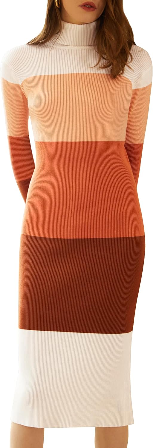 ninovino Women's Turtleneck Ribbed Knit Long Sleeve Slim Fit Sweater Dress Orang...