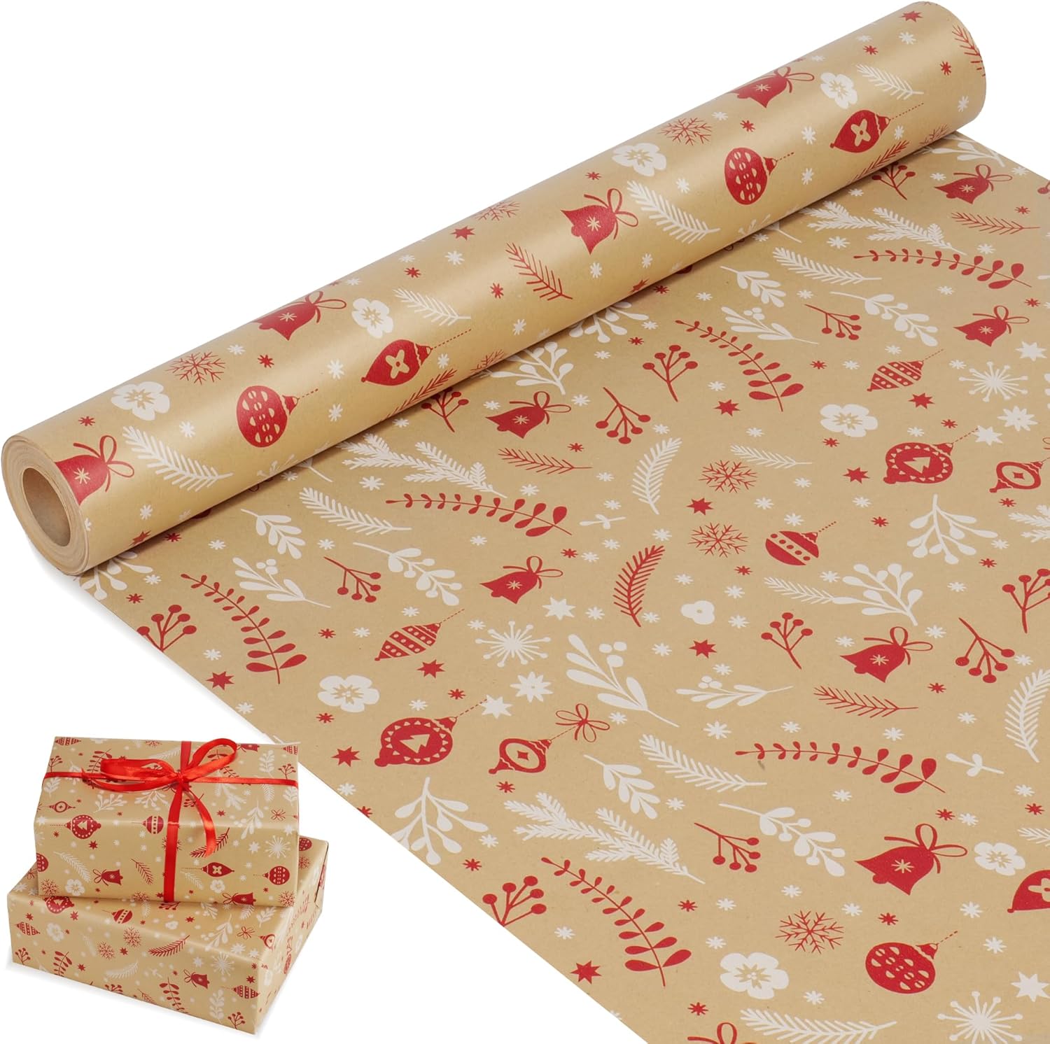 44cm x 15M Christmas Wrapping Paper Roll, Recyclable Kraft Paper Printed with Ch...