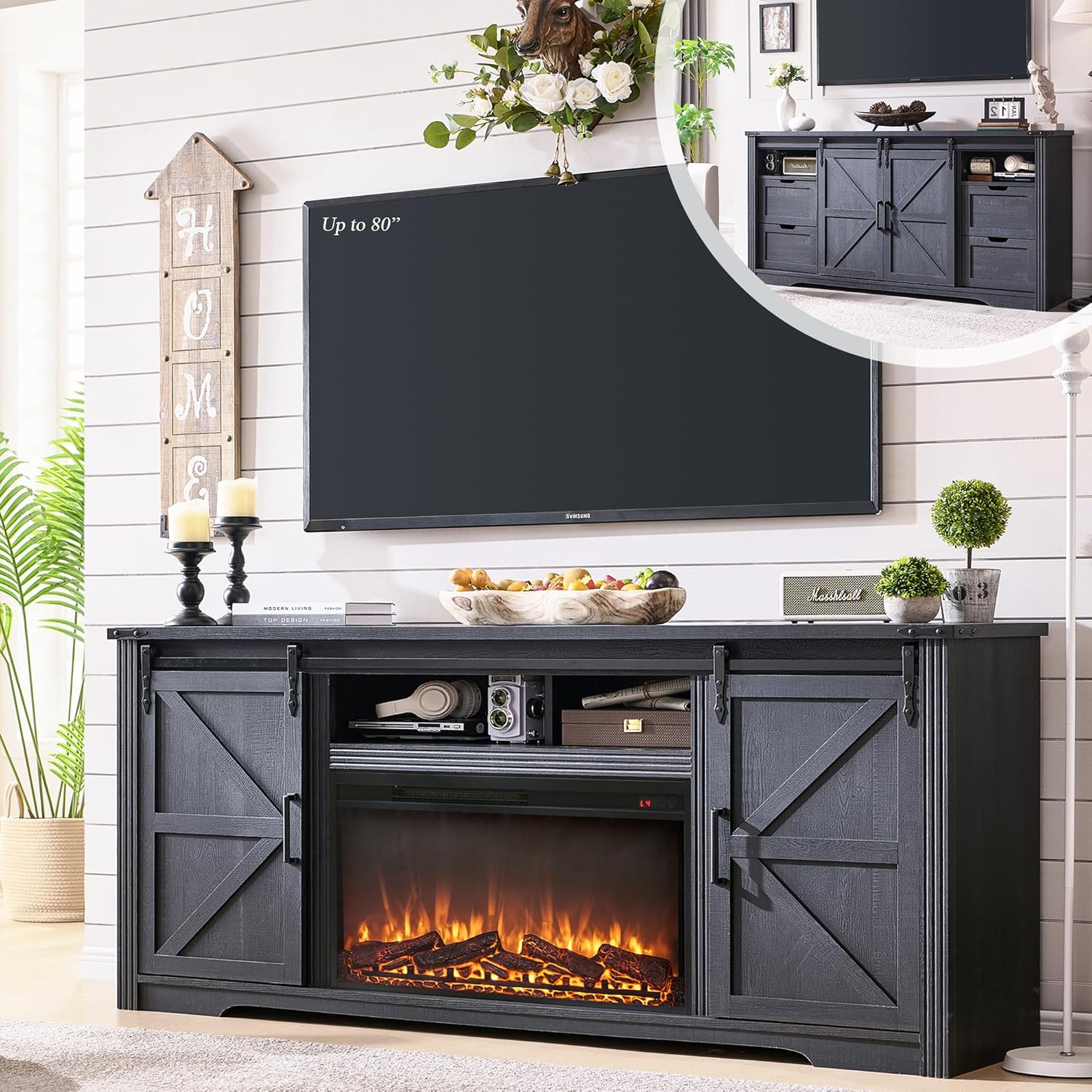 JXQTLINGMU Farmhouse Fireplace TV Stand for 80 Inch TV, 32" Tall Entertainment C...