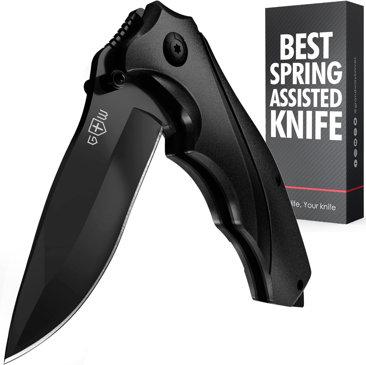 Grand Way Tactical Knife for Men - Black Pocket Knife - Best Spring Assisted Kni...