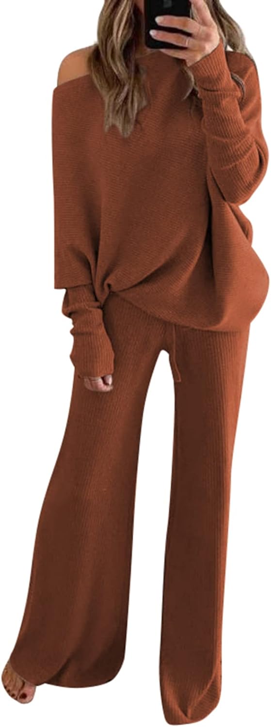 Linsery Womens 2 Piece Outfits One Shoulder Knit Sweater Pullovers Wide Leg Pant...
