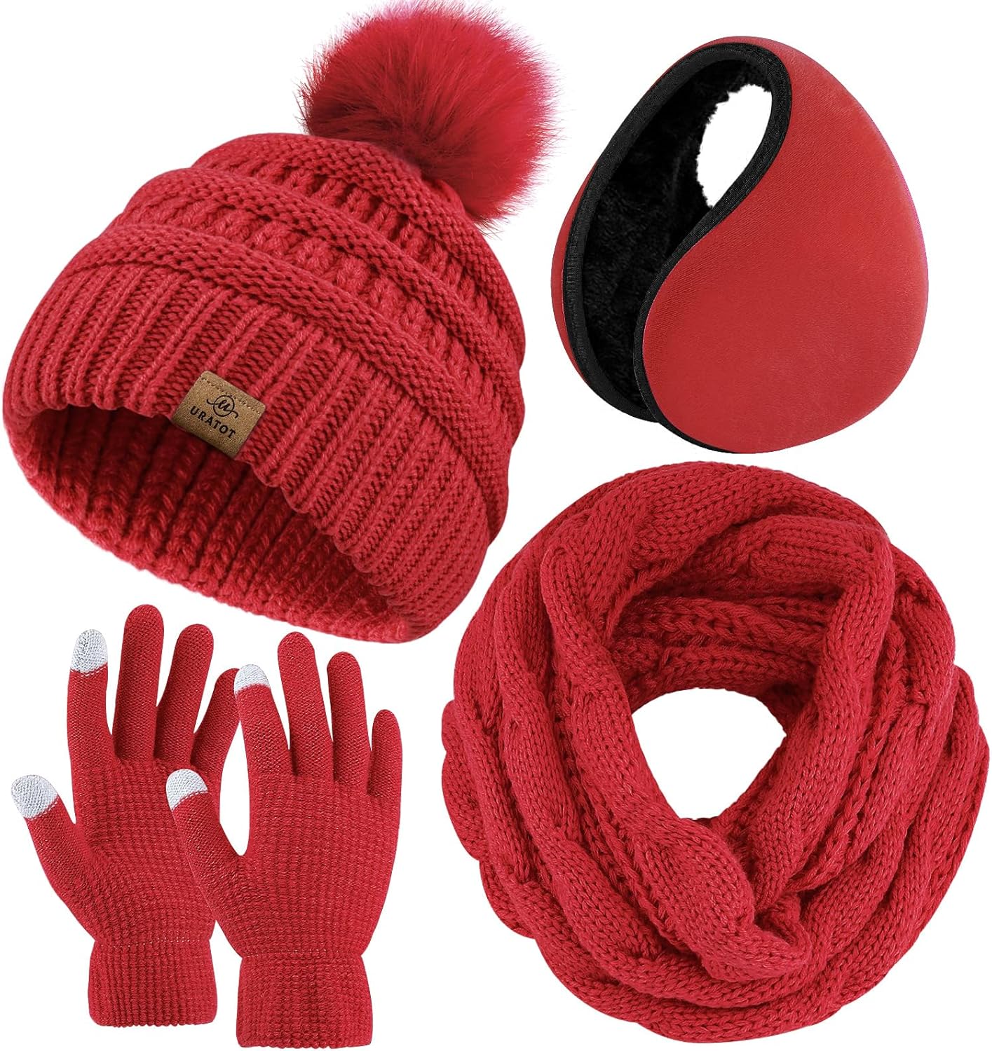 URATOT 4-In-1 Winter Warm Sets Knitted Scarf Touch Screen Gloves Beanie Pompom H...