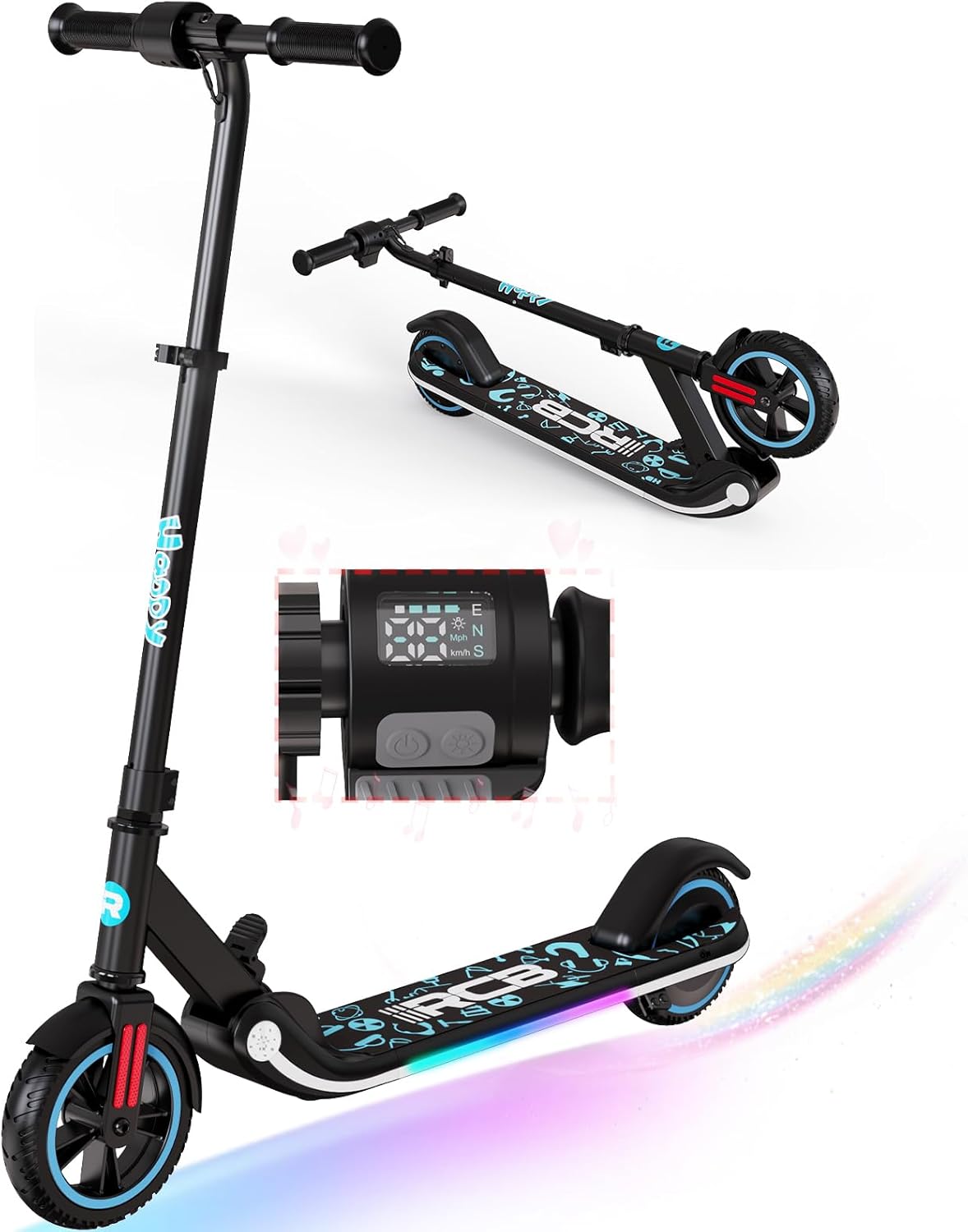 RCB Electric Scooter for Kids, 150W Motor - Max 9.3mph - Bluetooth Speaker - Col...