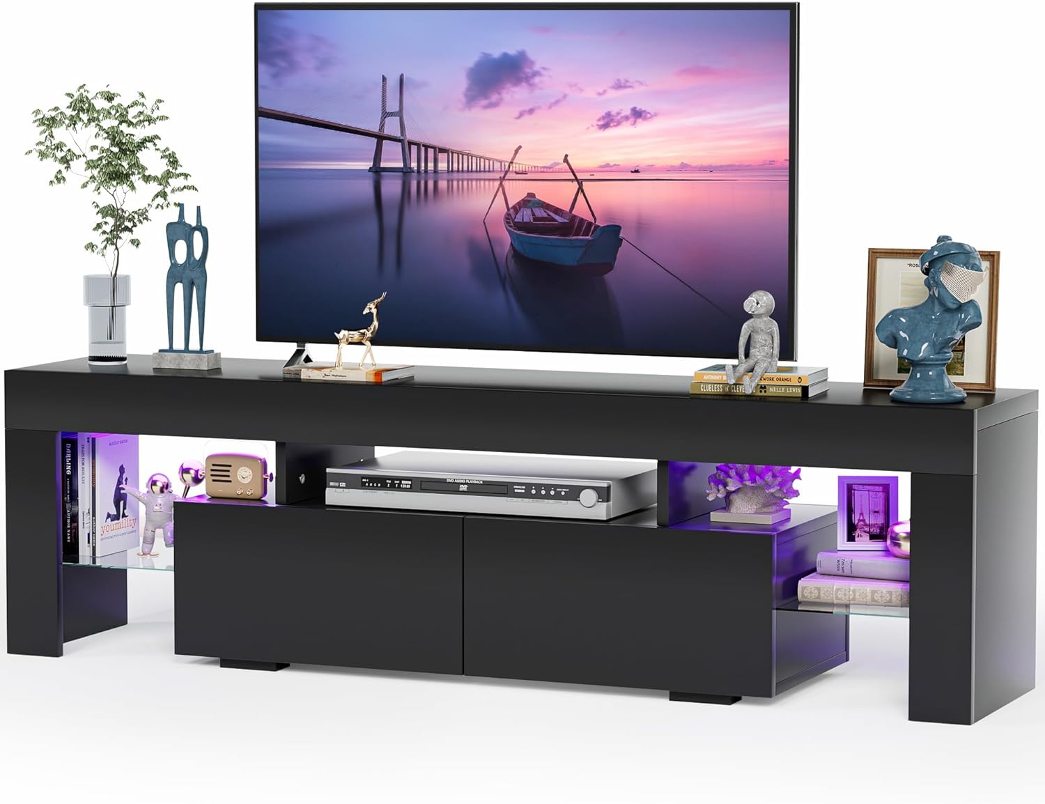 JUMMICO TV Stand, Modern Lighting TV Cabinet Entertainment Center Media and Open...