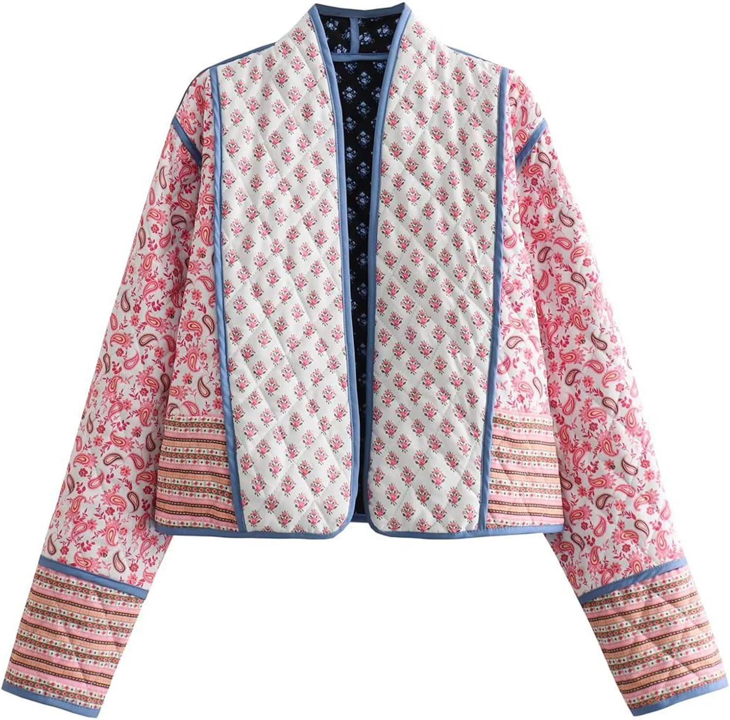 Omoone Women's Cropped Floral Quilted Jacket Cardigan Printed Lightweight Open F...