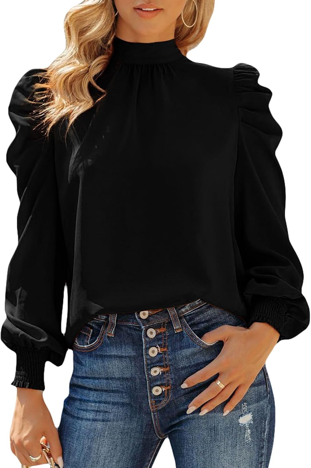 Dokotoo Womens 2024 Long Sleeve High Neck Puff Long Sleeve Casual Loose Shirts T...