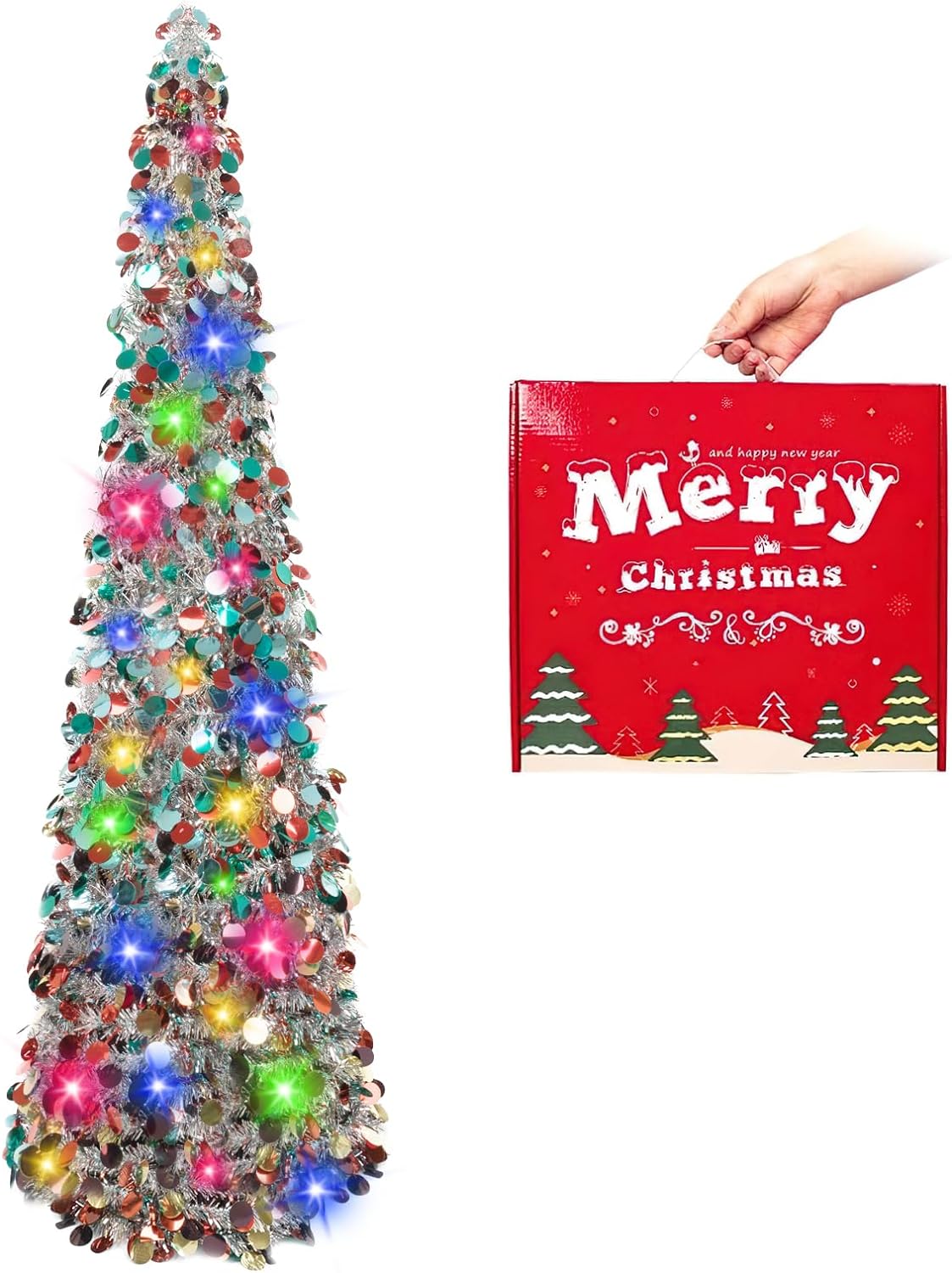 N&T NIETING Christmas Tree, 5ft Collapsible Pop Up Silver Tinsel Coastal Christm...