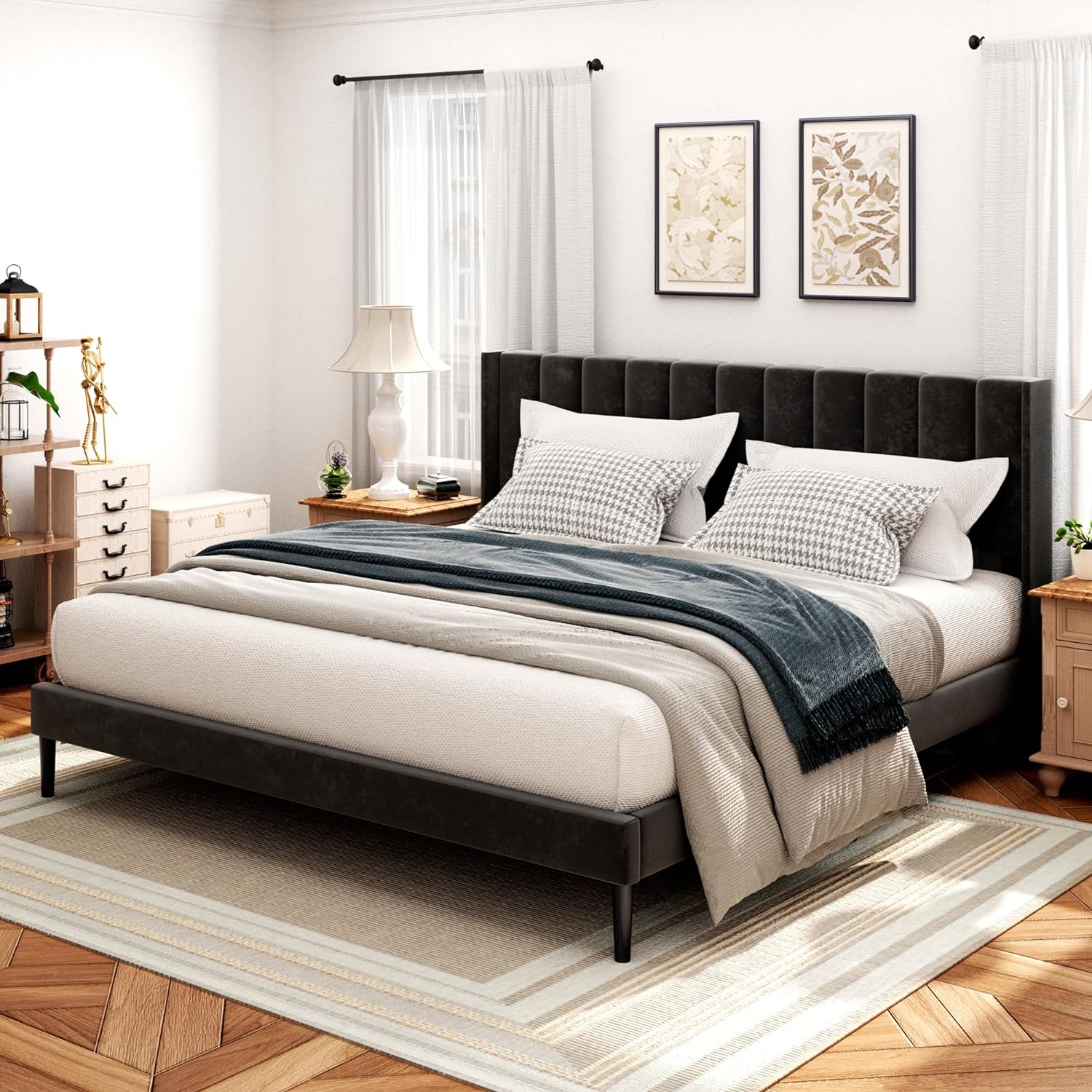 King Size Bed Frame and Headboard,Vertical Channel Tufted Wingback No Box Spring...