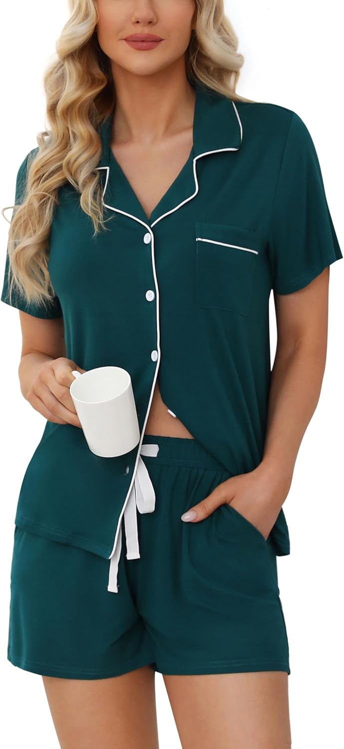 Samring Womens Pajamas Set Short Sleeve Sleepwear Button Down Nightwear Shorts S...