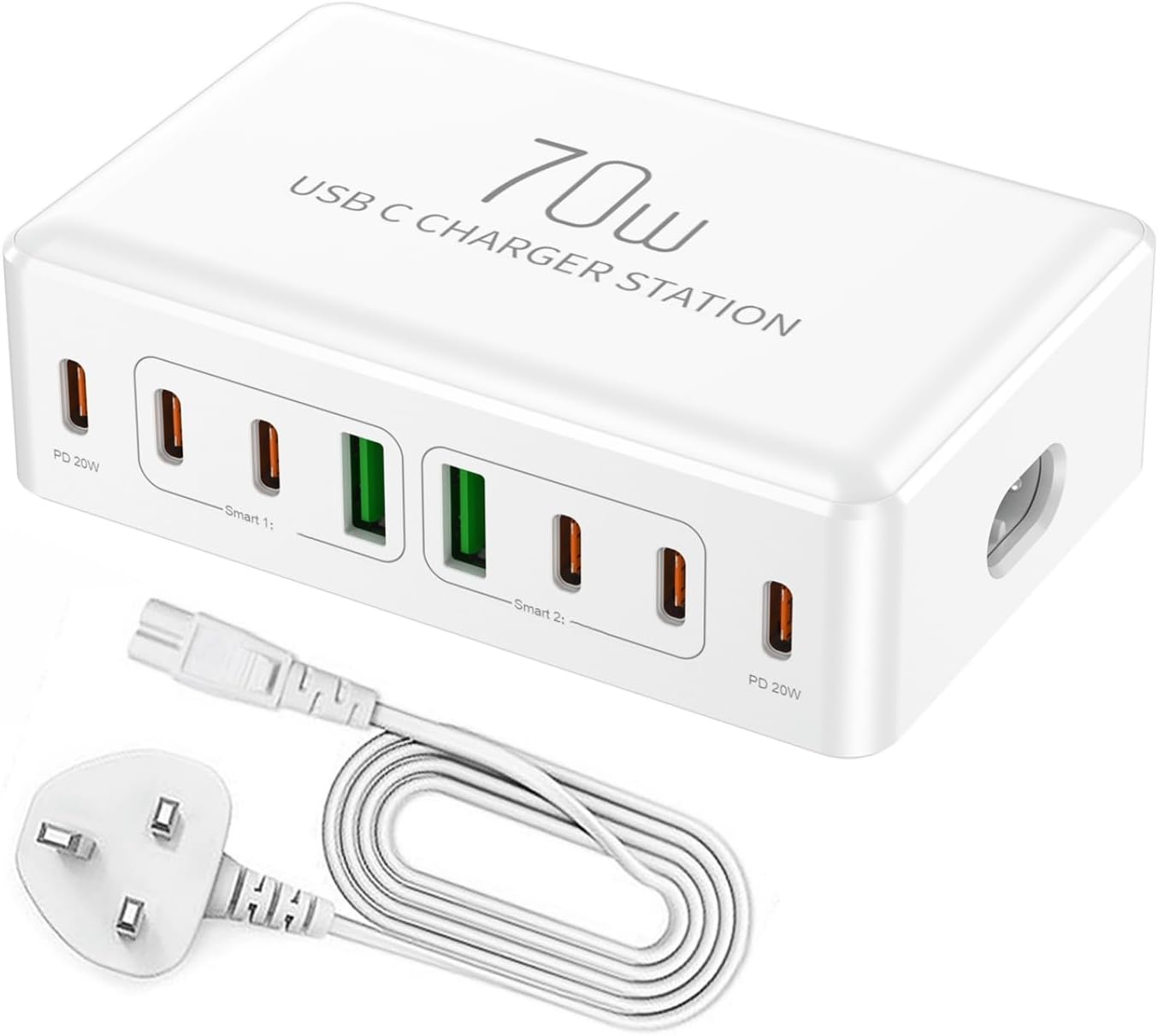 70W Multi USB Charger Plug Charging Station USB-C and USB Fast Charging Block wi...