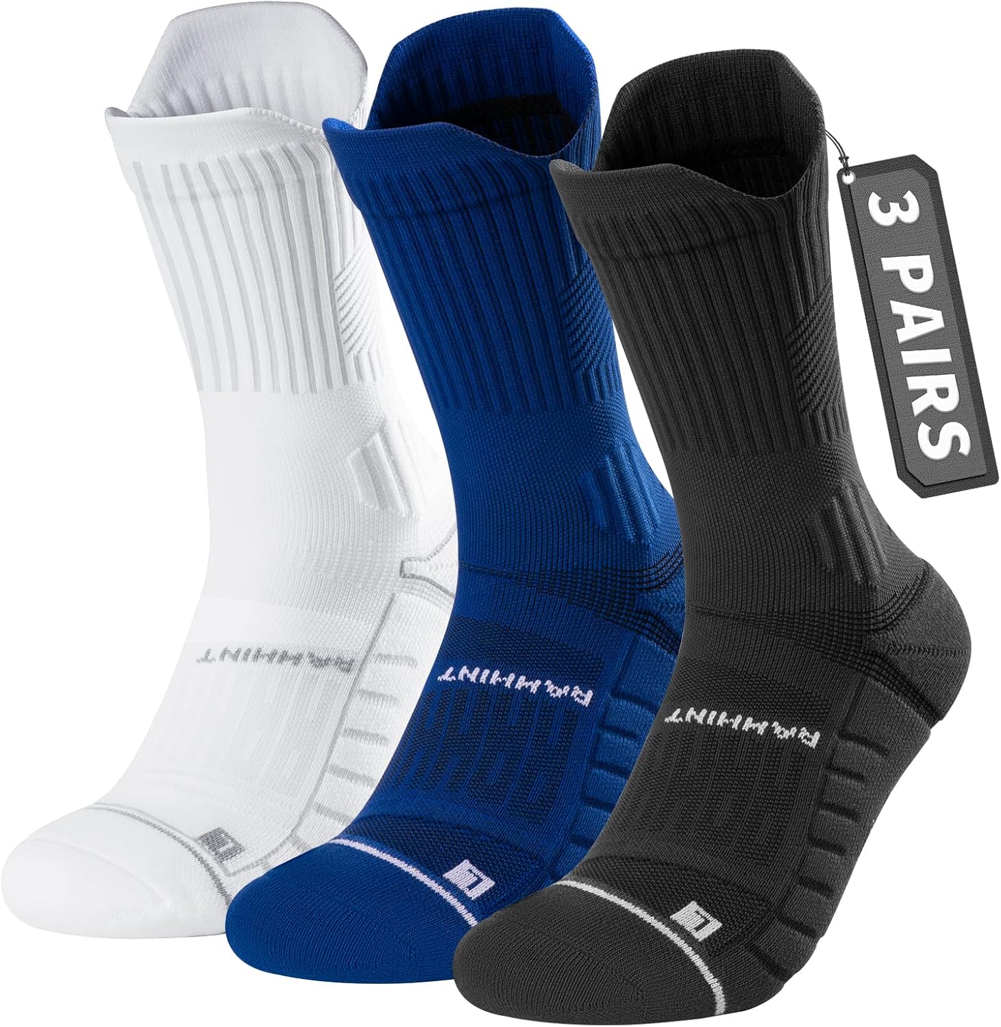 Compression Running Socks 3 Pairs, Cushion Crew Socks, Anti-Blister Moisture Wic...