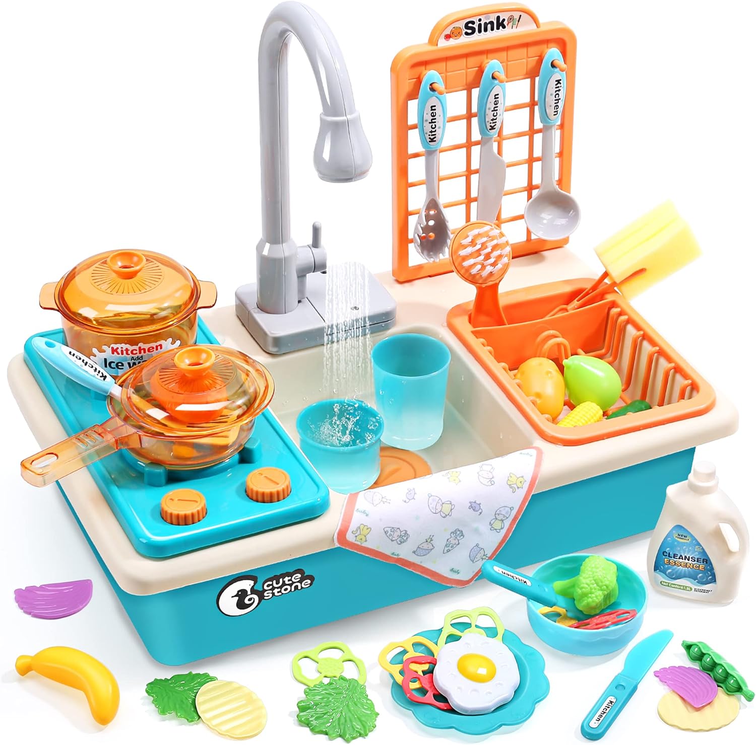 CUTE STONE Play Kitchen Sink Toys with Upgraded Real Faucet, Play Cooking Stove,...