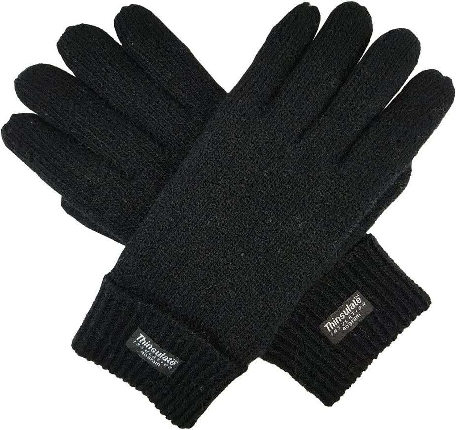 BRUCERIVER Men's Pure Wool Knitted Gloves with Thinsulate Lining Black Large-X-L...