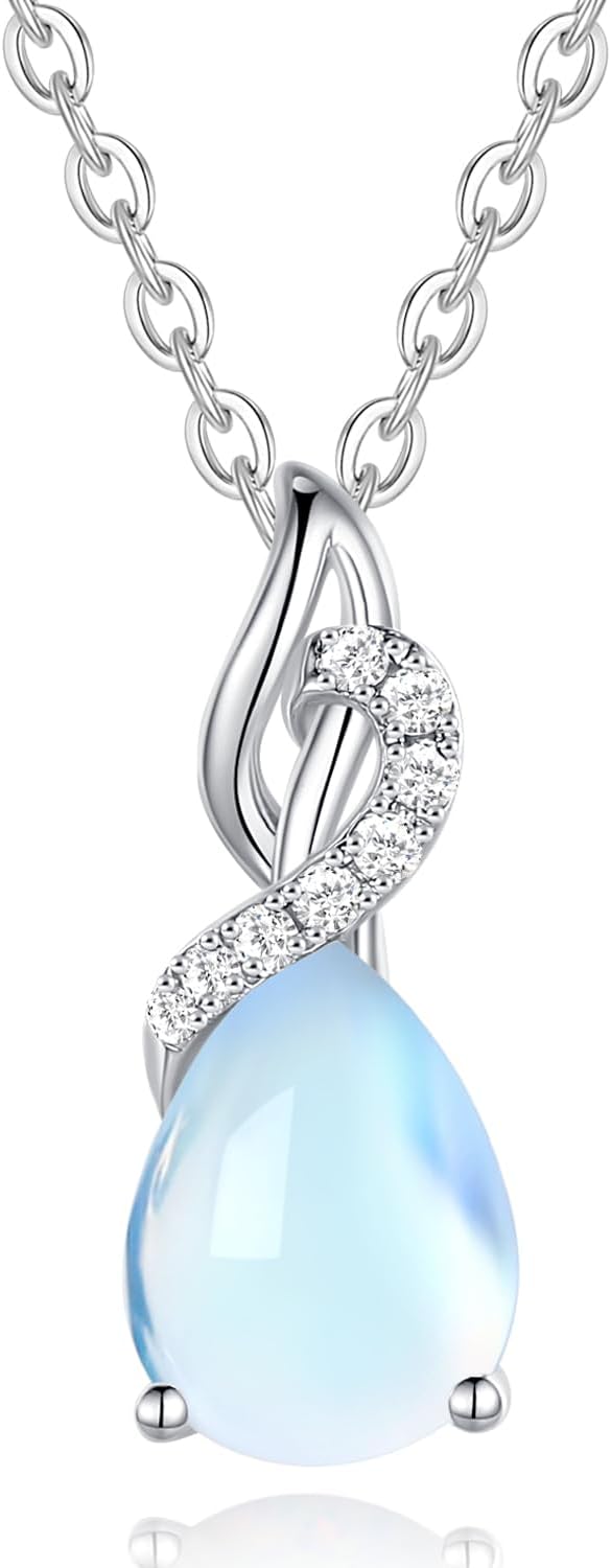 FANCIME 14K Solid White Gold Teardrop Pendant with Diamond Birthstone Necklace B...