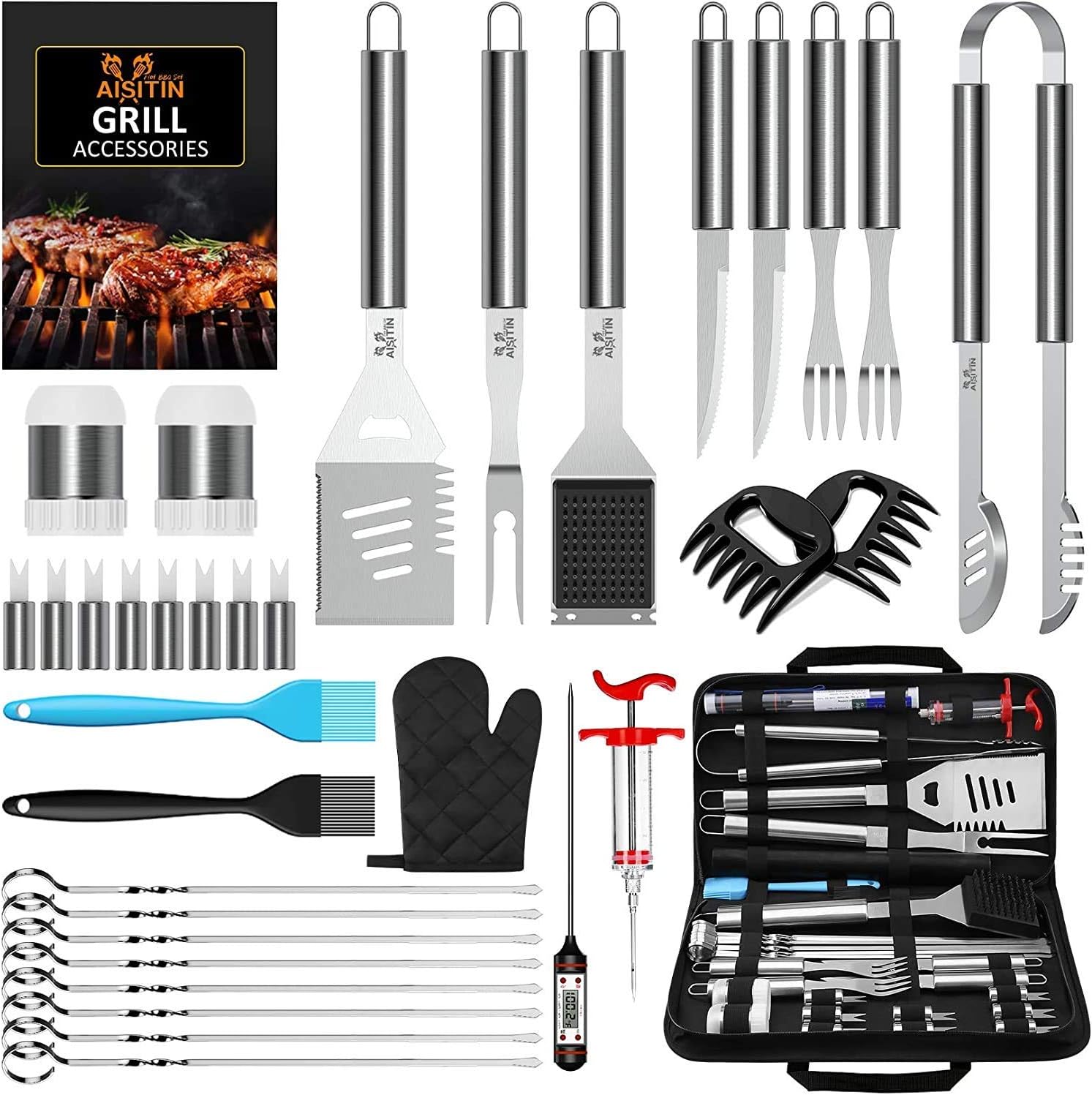 AISITIN BBQ Tools Set 35-in-1 BBQ Accessories BBQ Utensils Stainless Steel Barbe...