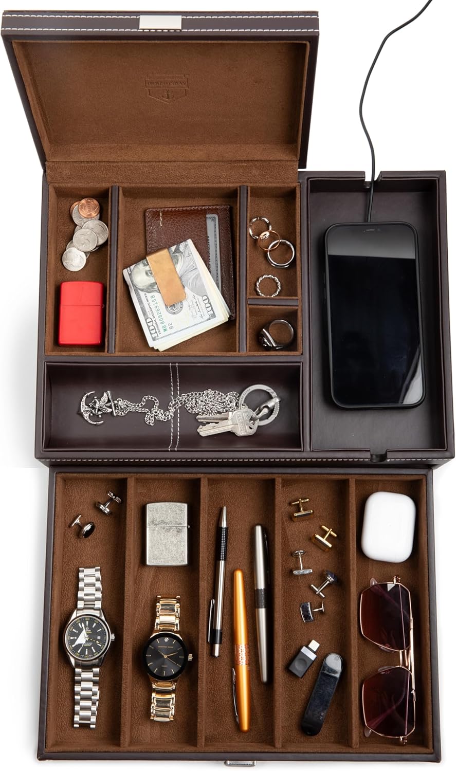Mens Watch Box Leather Valet Tray - Bedside Table Organizer, Men's Jewelry Box,...