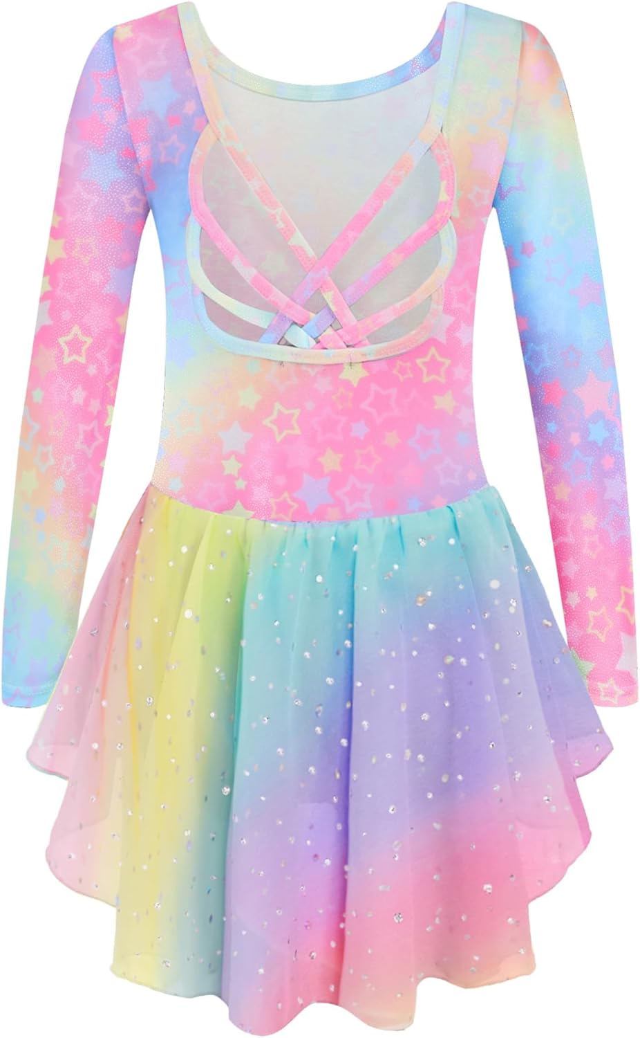 Arshiner Girls Long Sleeve Ballet Leotards with Shinny Skirts Criss-Cross Back D...