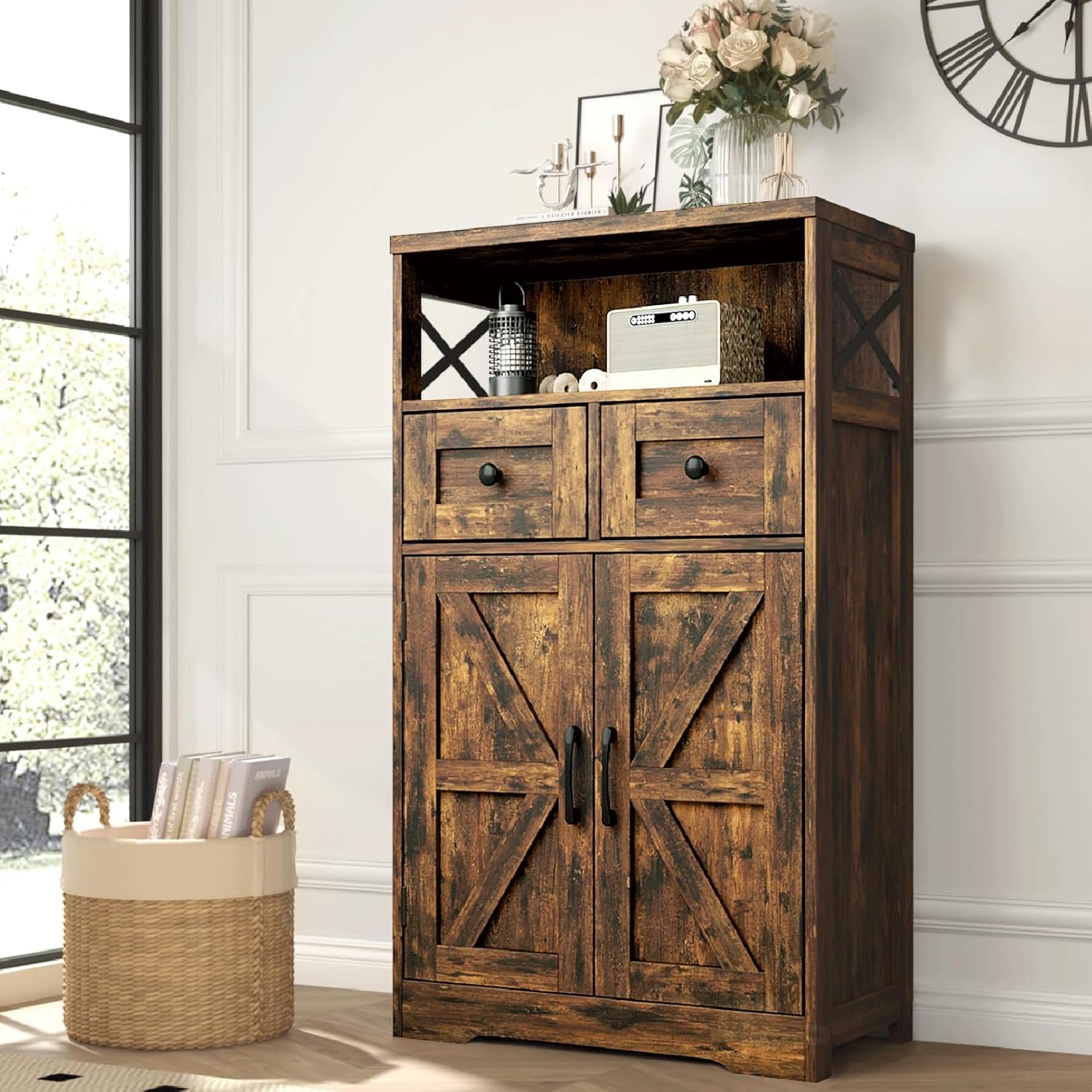 Farmhouse Storage Cabinet with Drawers and Shelves, Freestanding Kitchen Pantry...