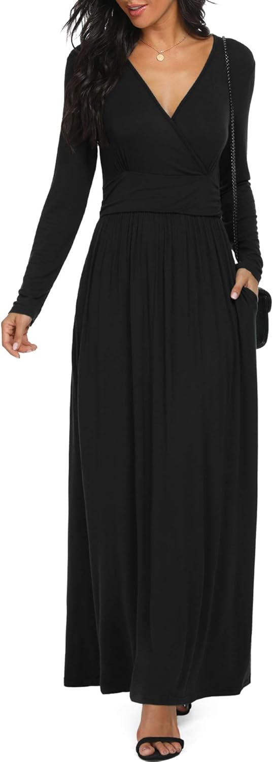 LILBETTER Women Long Sleeve Deep V Neck Loose Plain Long Maxi Casual Dress Black...