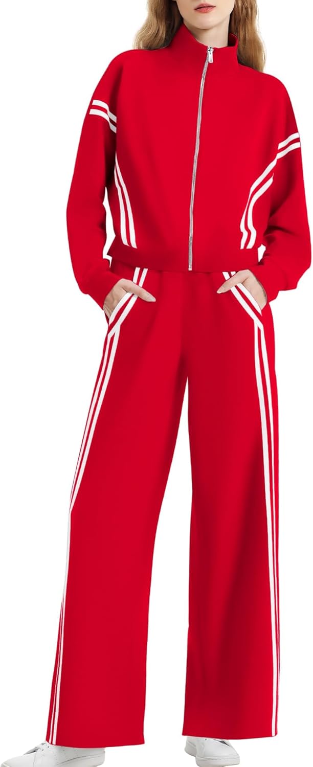 Women's 2 Piece Outfits Zip Up Sweatshirt Contrast Striped Wide Leg Sweatpants S...