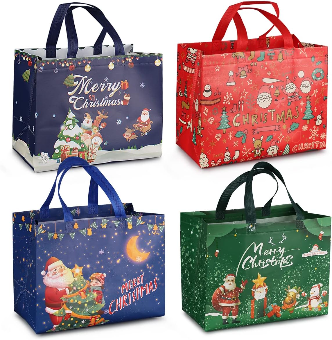 4PCS Christmas Bags for Gifts, Tote Bags with Handles, Christmas Treat Bags, Non...