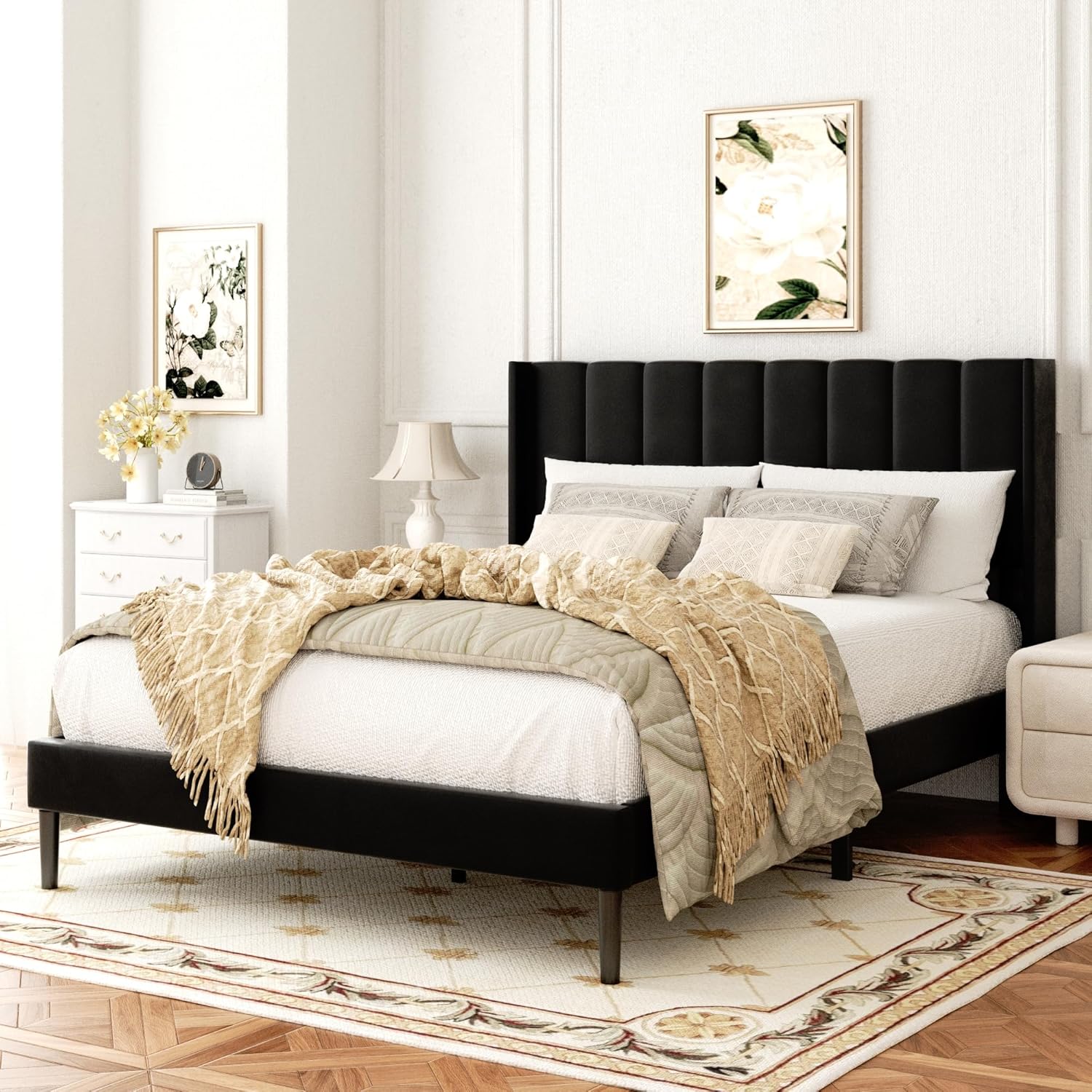 Full Size Velvet Bed Frame with Vertical Chanel Tufted Headboard and Wingback, U...