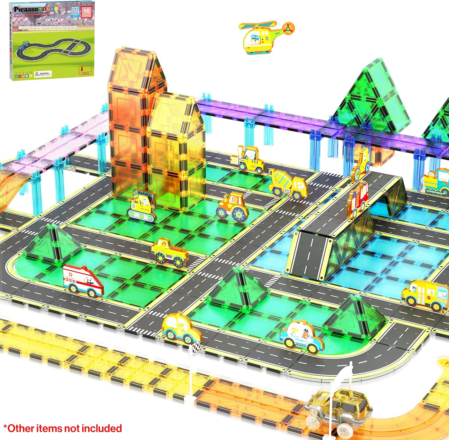 PicassoTiles Magnet Tile Car Track Adventure Theme Printed Street Road Runway Sp...