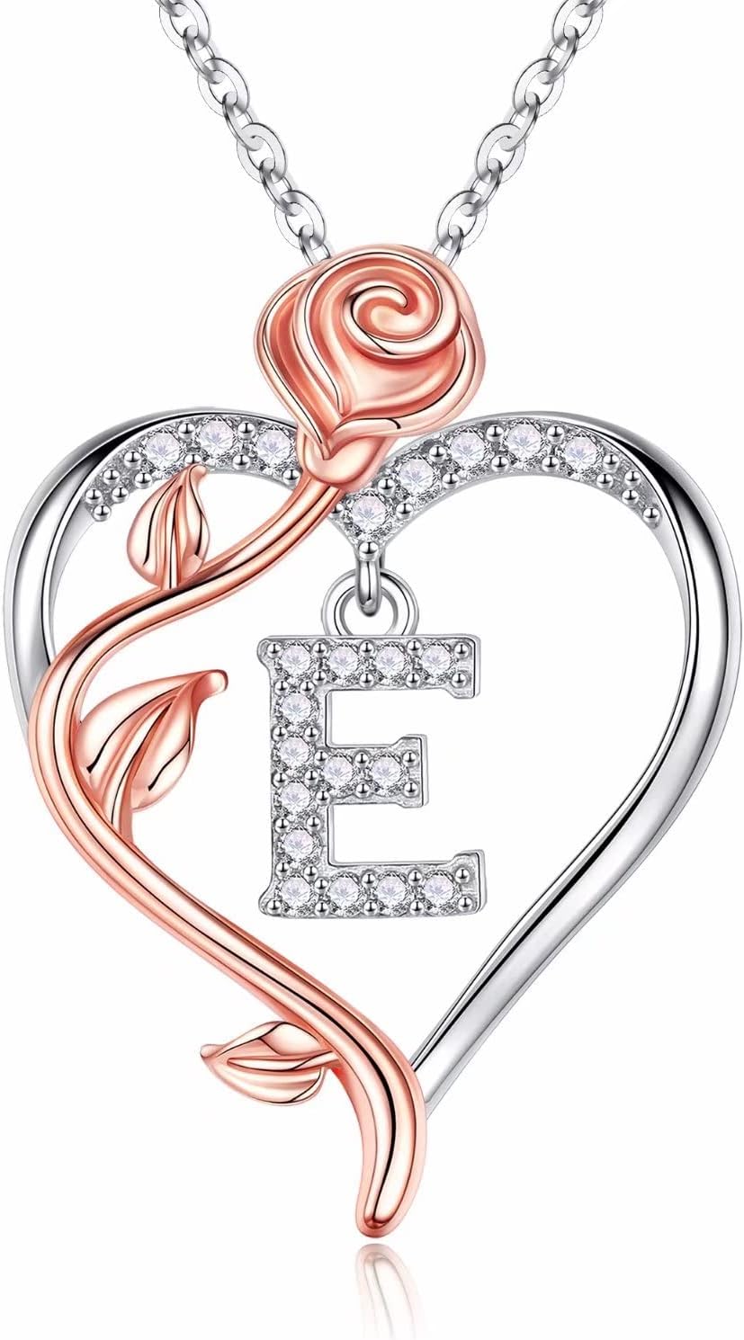 Iefil Christmas Gifts for Women Wife - 925 Sterling Silver Rose Heart Initial Ne...