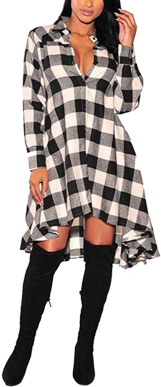olrain Womens Plaids V Neck Long Sleeve Irregular Hem Casual Shirt Dress Large W...