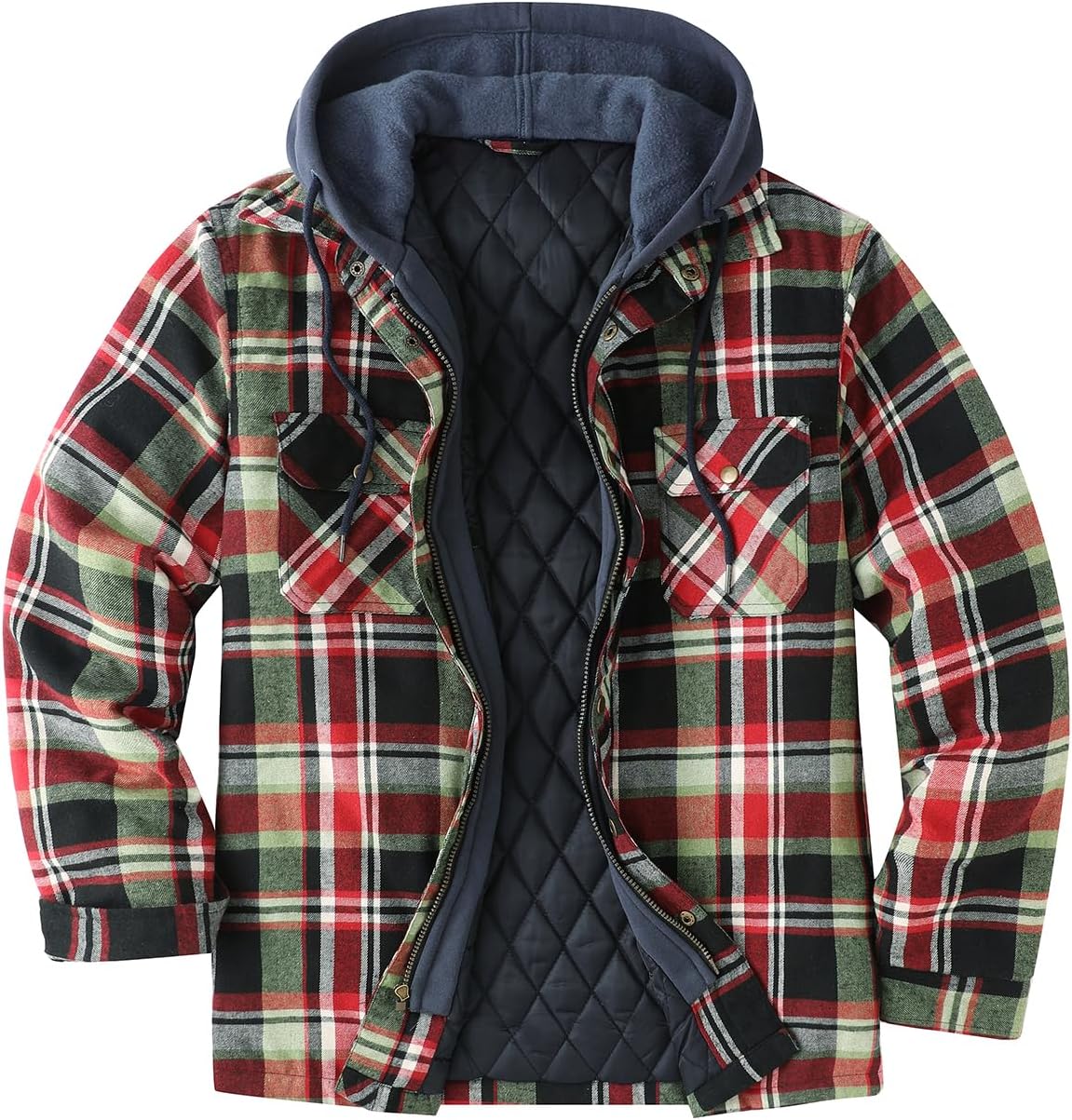 ZENTHACE Men's Thicken Plaid Hooded Flannel Shirt Jacket with Quilted Lined Gree...