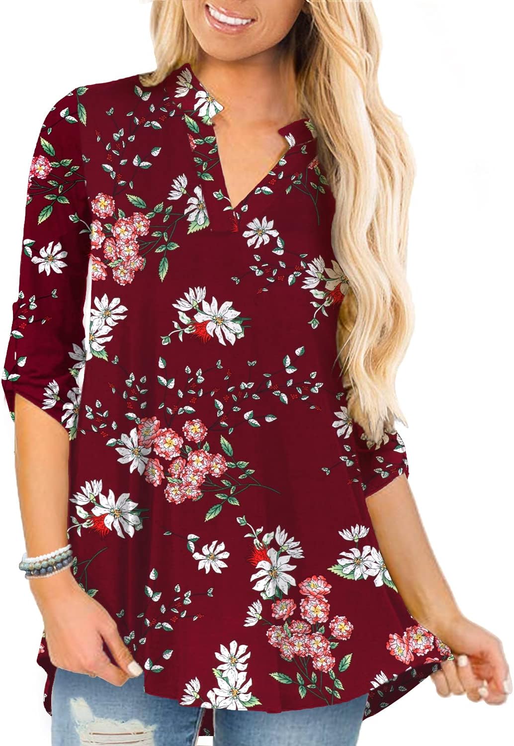 a.Jesdani Women's Plus Size Tops 3/4 Roll Sleeve Shirts V Neck Blouses Tunic Top...